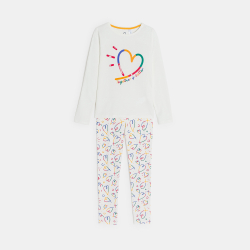 بيجاما مرسوم عليها قلب من الجيرسيه قطعتين، بيضاء اللون للفتيات